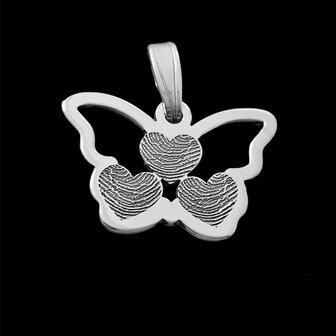 zilveren vlinder met 3 vingerafdrukken in hartjes